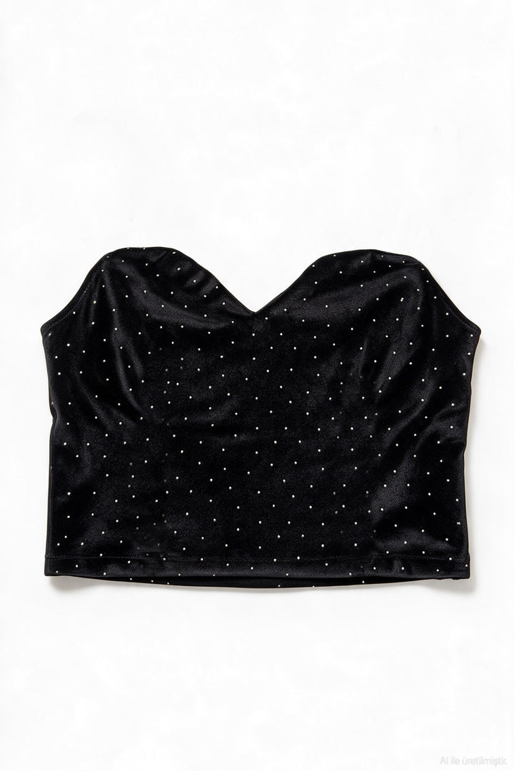Taşlı Kadife Straplez Crop Bluz Siyah