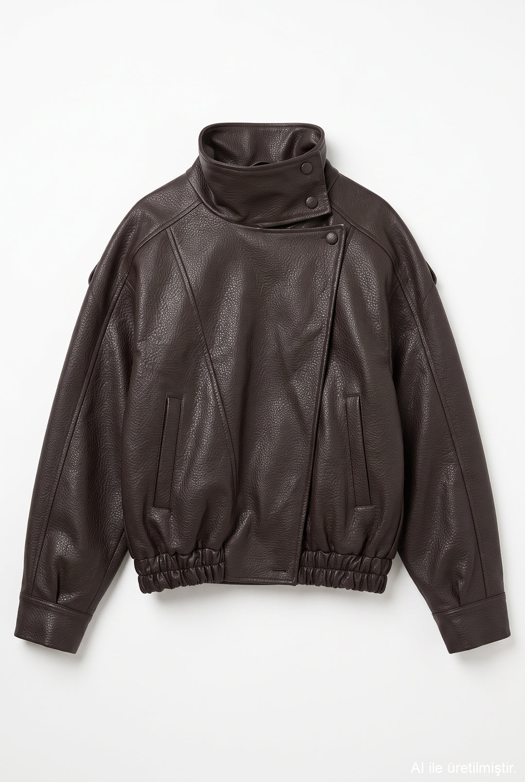 Asimetrik Oversize Bomber Deri Ceket Kahverengi