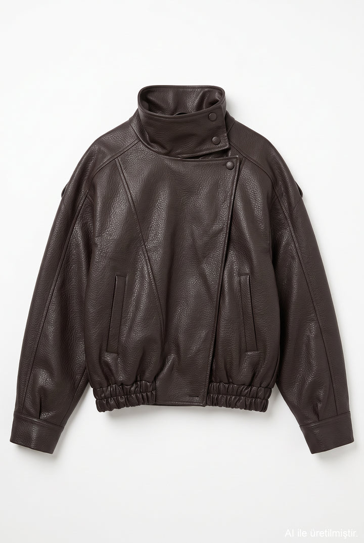 Asimetrik Oversize Bomber Deri Ceket Kahverengi