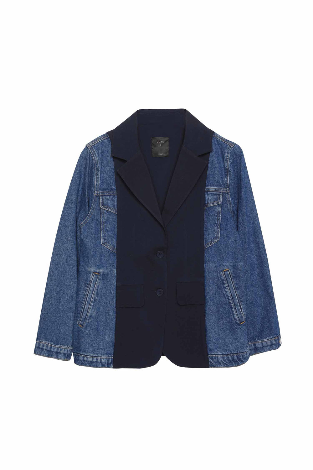 Denim Detaylı Cepli Blazer Ceket Mavi