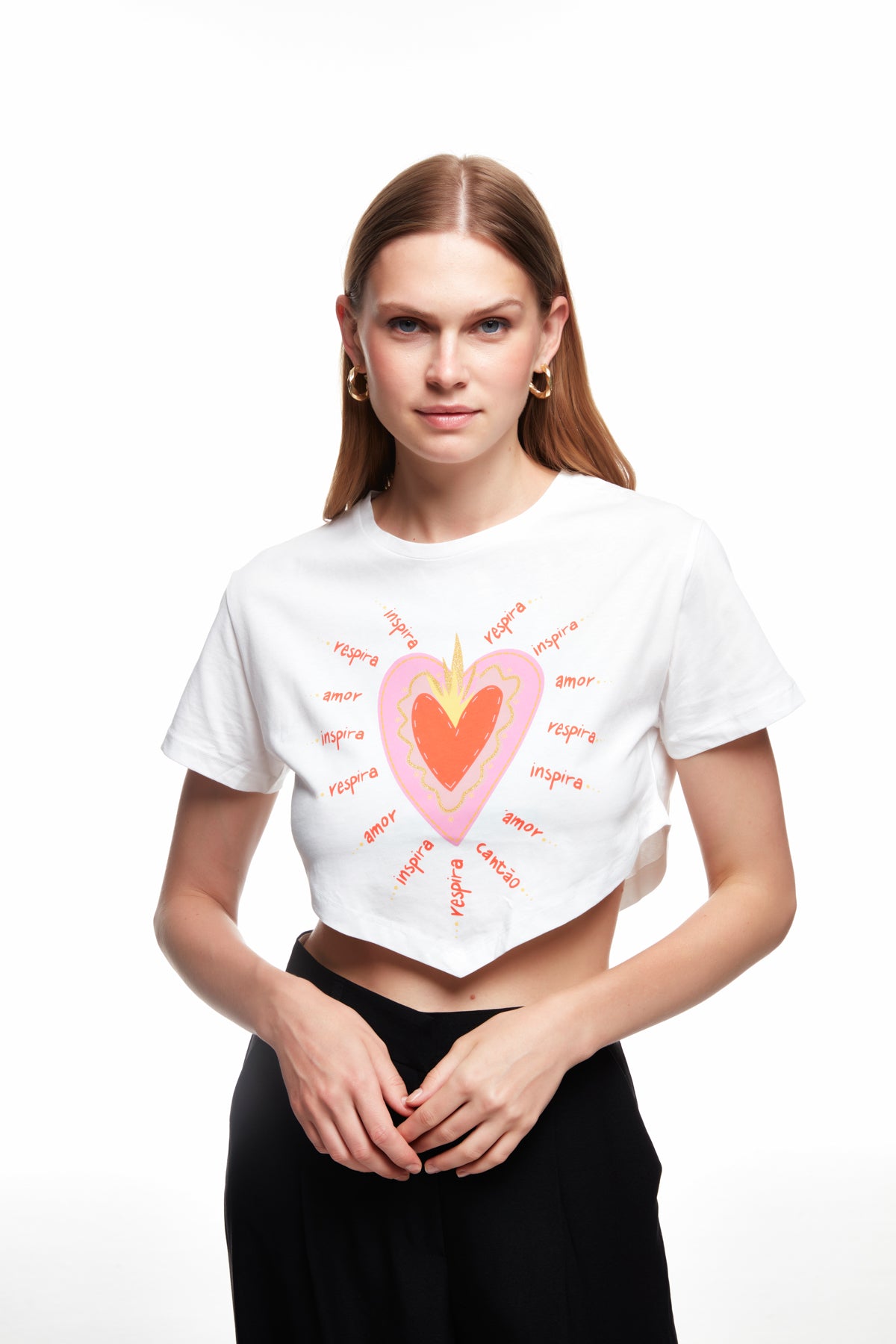 Heart Printed Crop T-Shirt Ecru