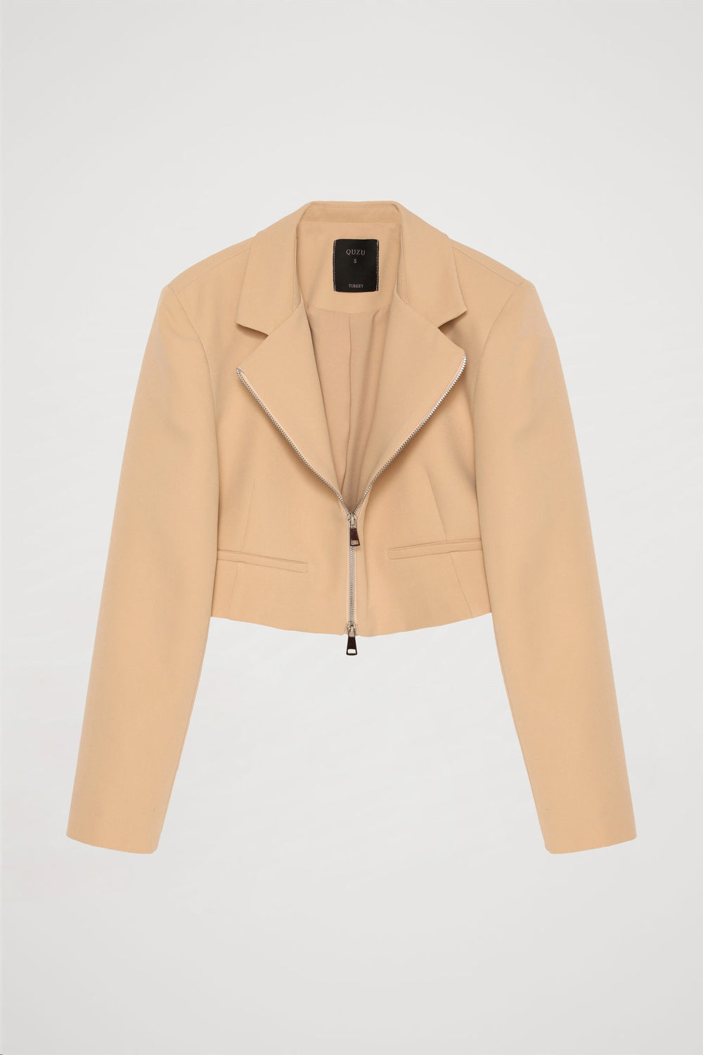 Önden Fermuarlı Crop Blazer Ceket Bej