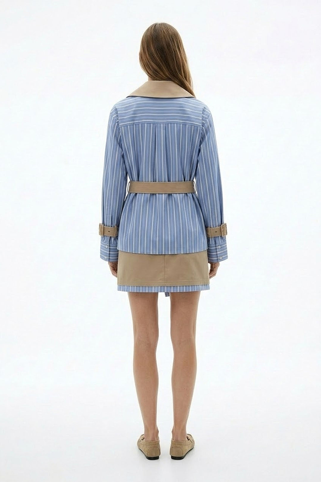 Çizgili Astarlı Kemerli Kısa Trençkot Bej