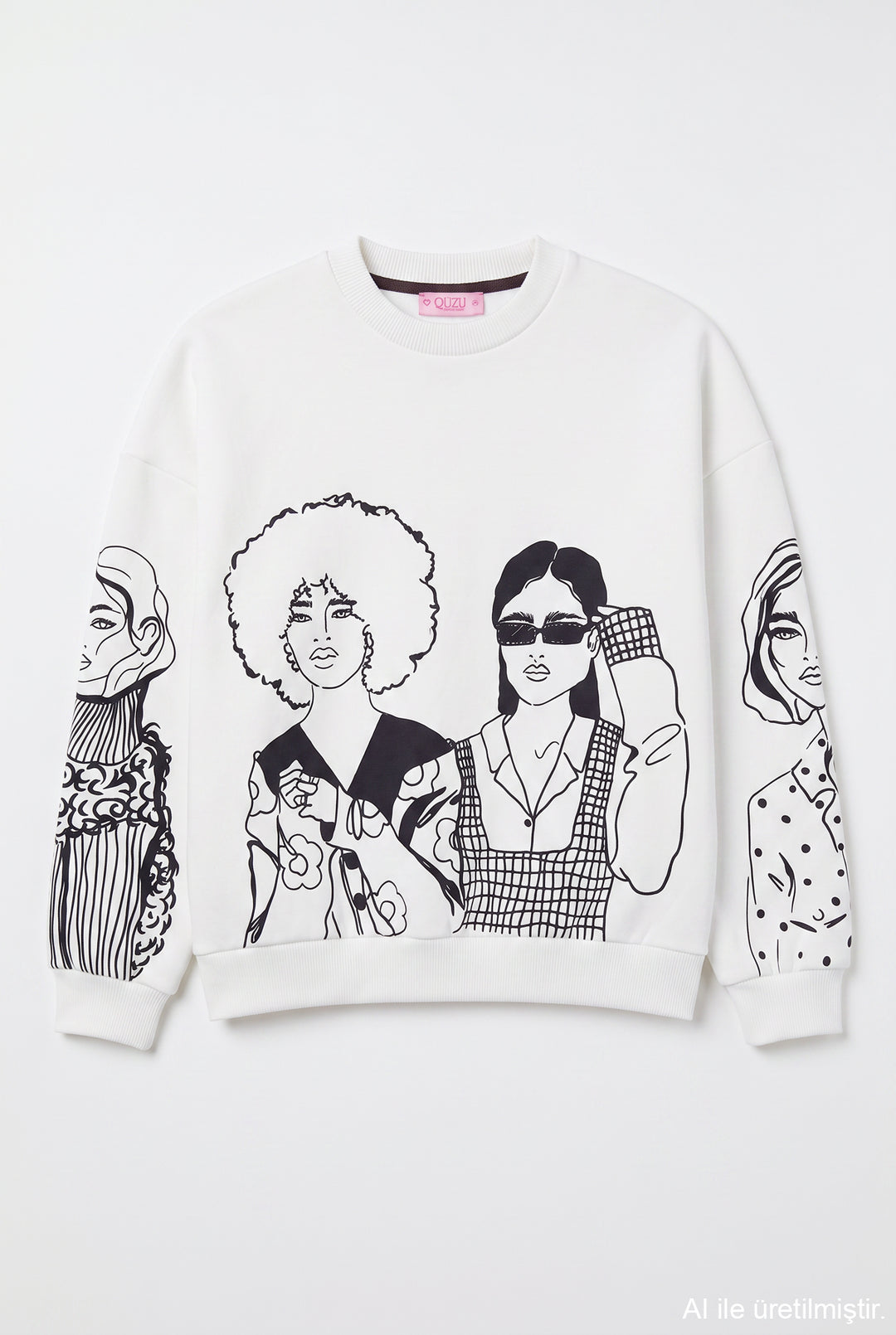 Portre Baskılı Bisiklet Yaka Sweatshirt Ekru