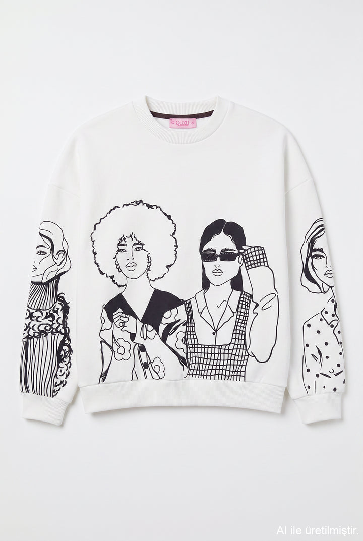 Portre Baskılı Bisiklet Yaka Sweatshirt Ekru