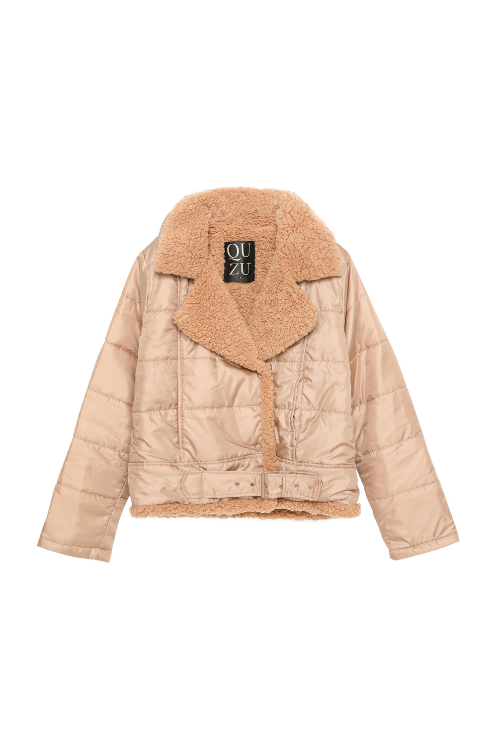 Plush Detailed Puffer Coat Beige