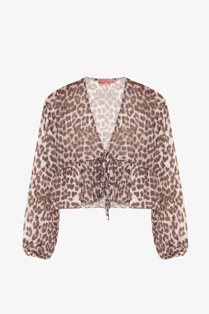 Leopar Desenli Bağcıklı Fırfırlı Tül Bluz Bej
