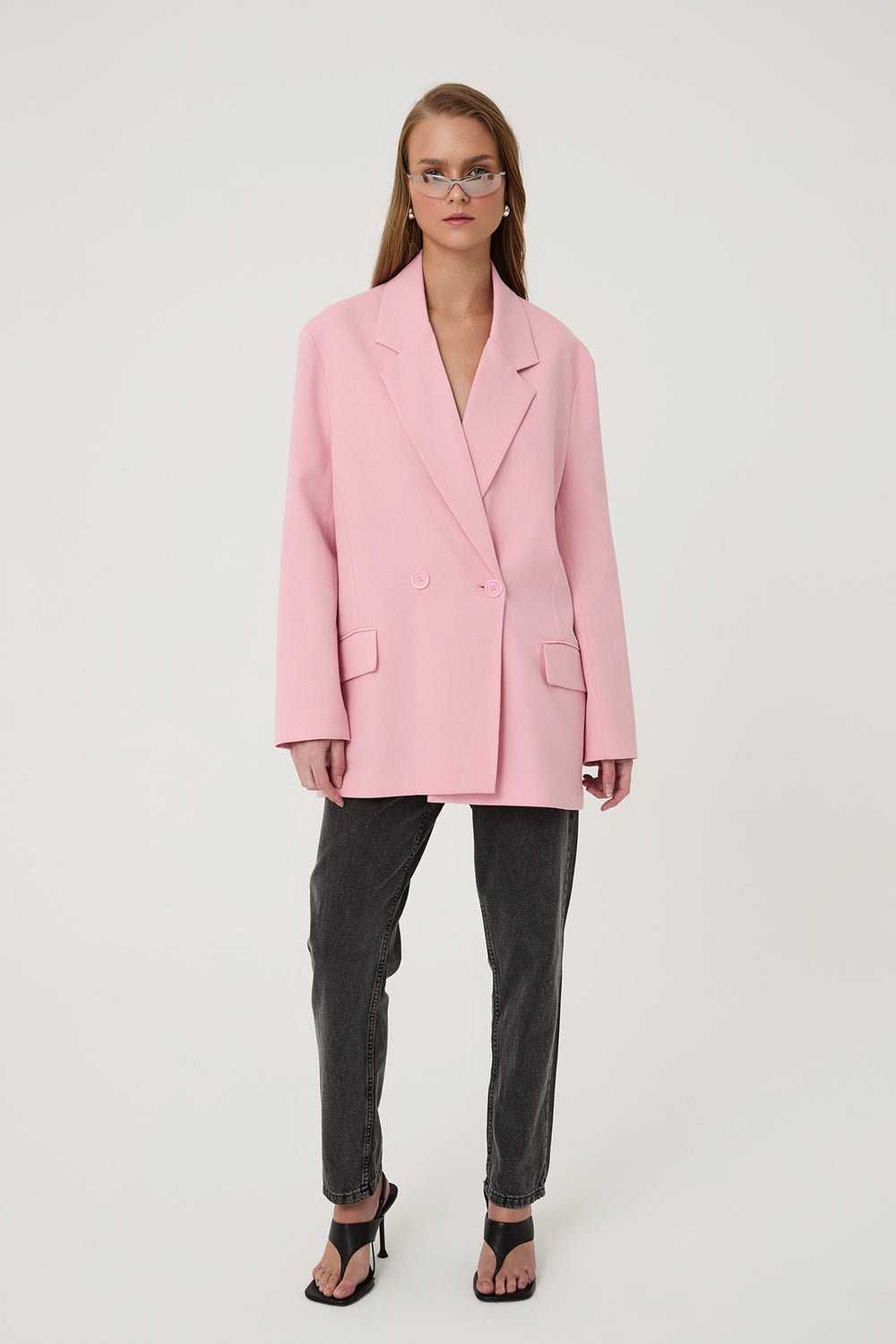 Kruvaze Yaka Oversize Blazer Ceket Pembe