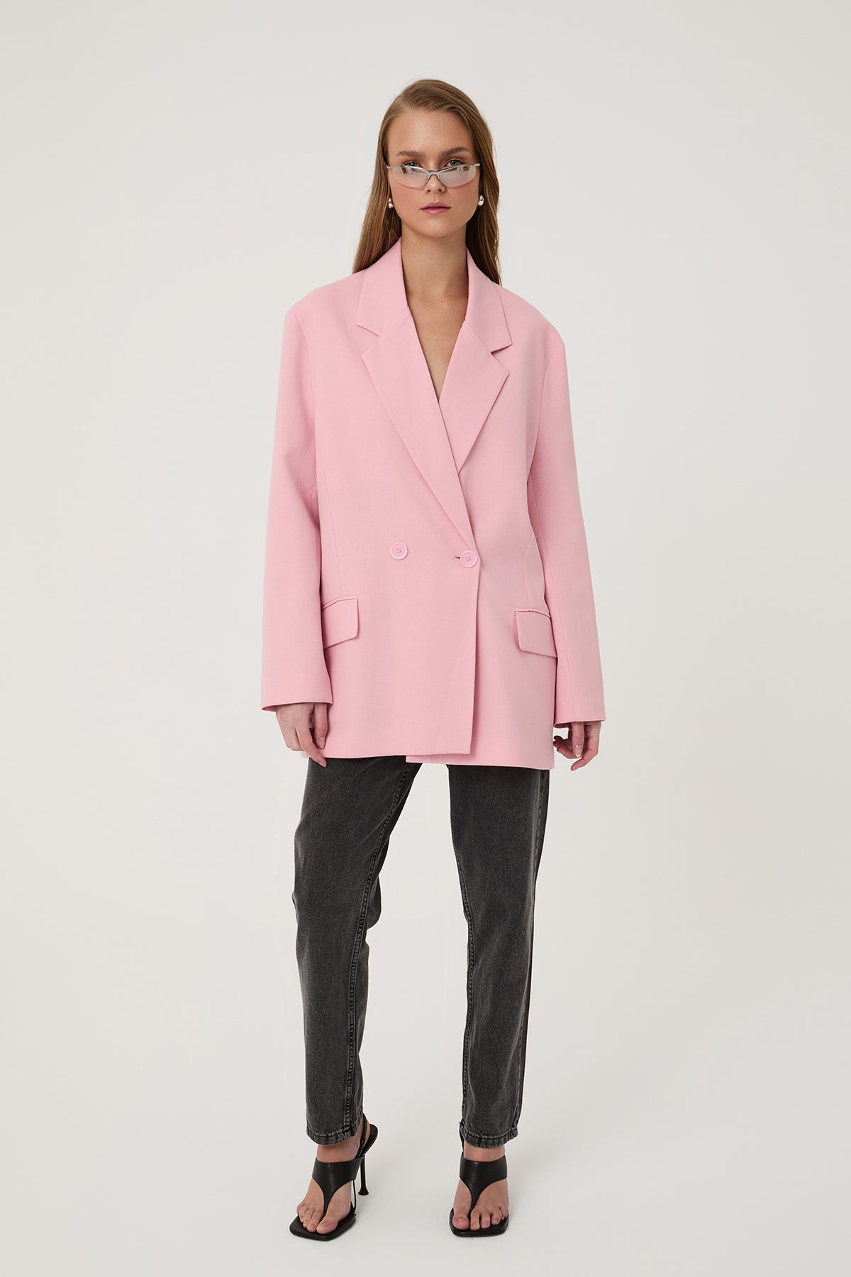 Kruvaze Yaka Oversize Blazer Ceket Pembe