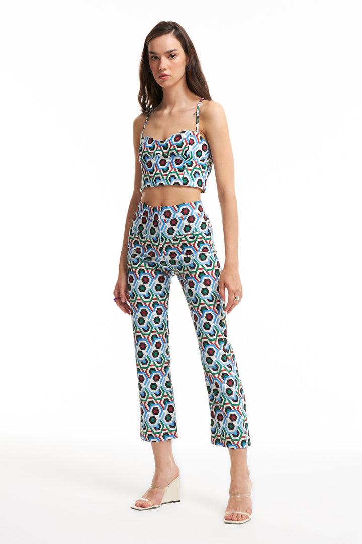 Patterned High Waist Trousers Blue