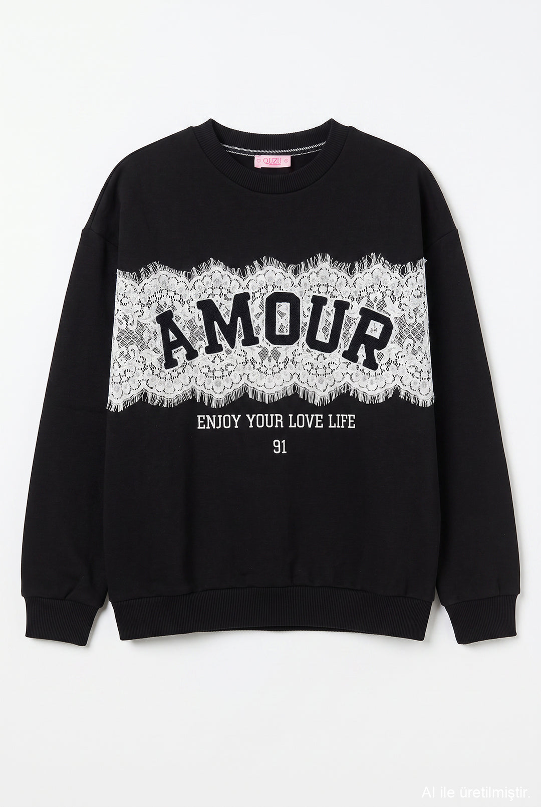 Dantel Aplikeli Oversize Sweatshirt Siyah