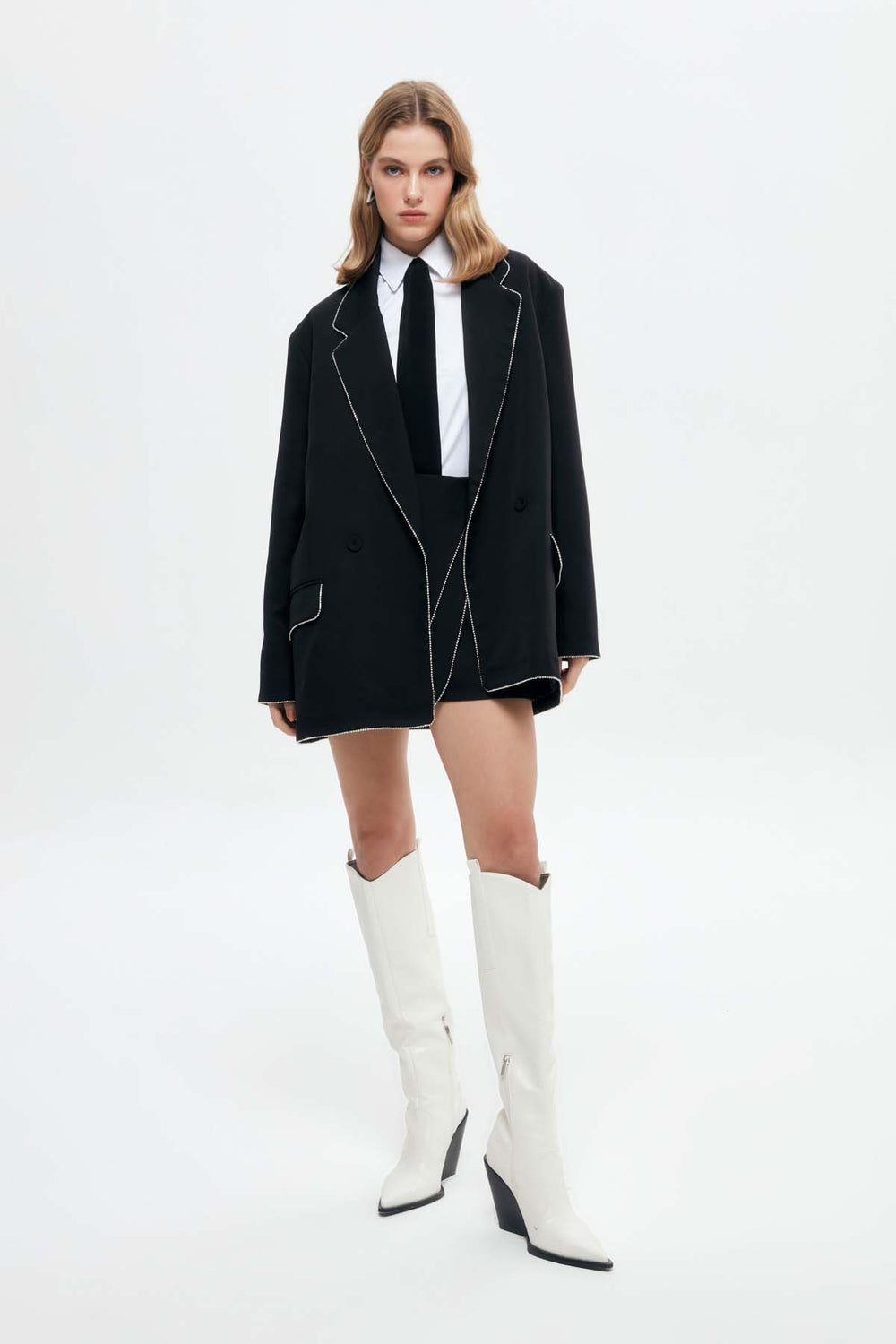 Stone Accessory Double Breasted Blazer Jacket Black