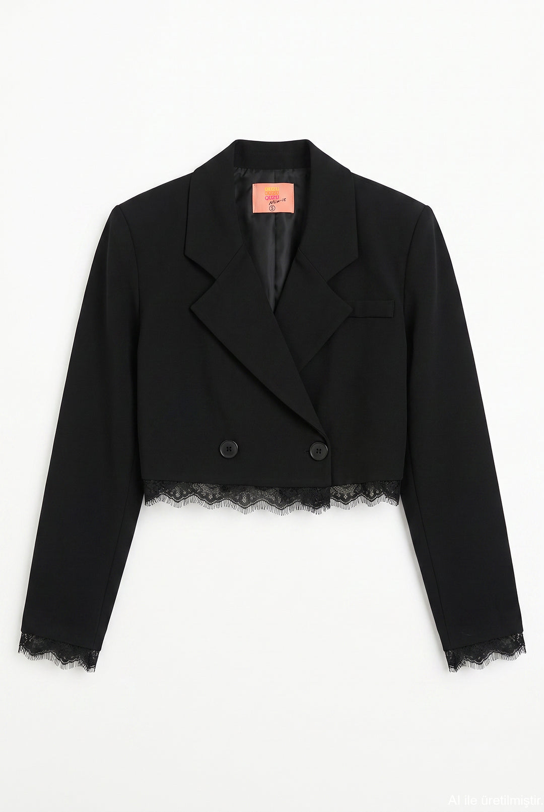Dantel Garnili Crop Blazer Ceket Siyah