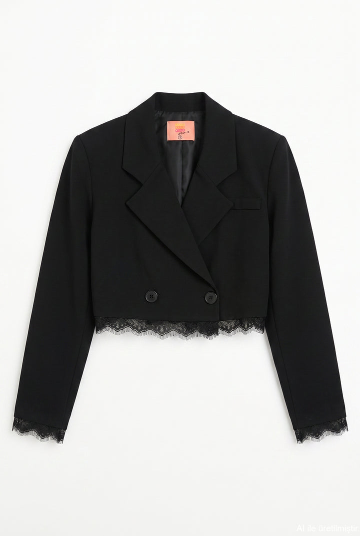 Dantel Garnili Crop Blazer Ceket Siyah