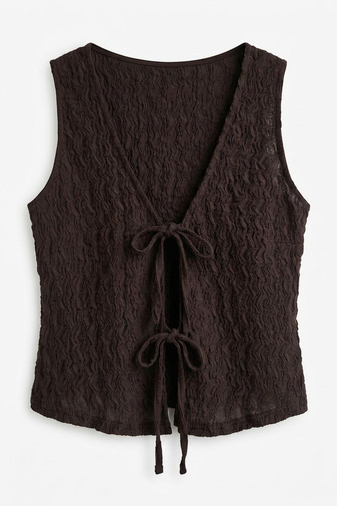 Önü Bağlamalı V Yaka Dokulu Bluz Kahverengi