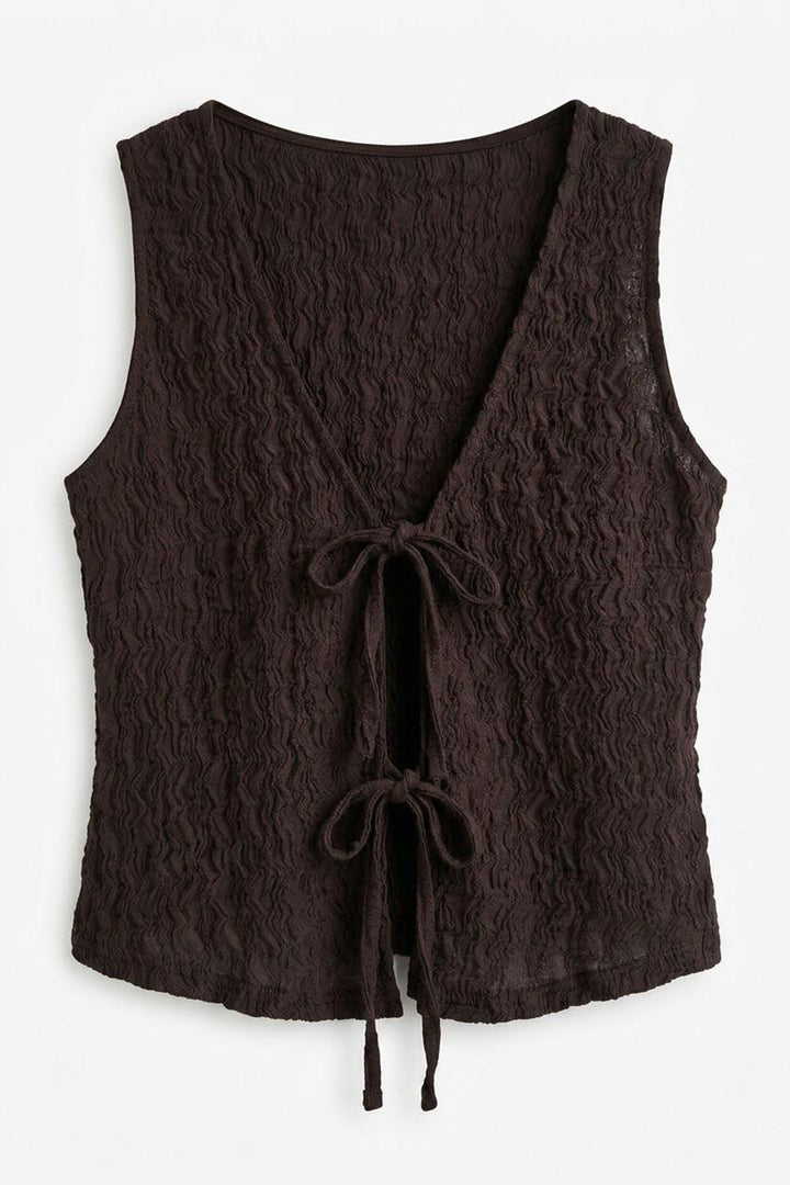 Önü Bağlamalı V Yaka Dokulu Bluz Kahverengi