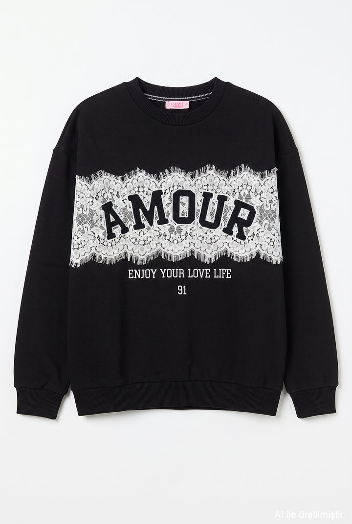 Dantel Aplikeli Oversize Sweatshirt Siyah