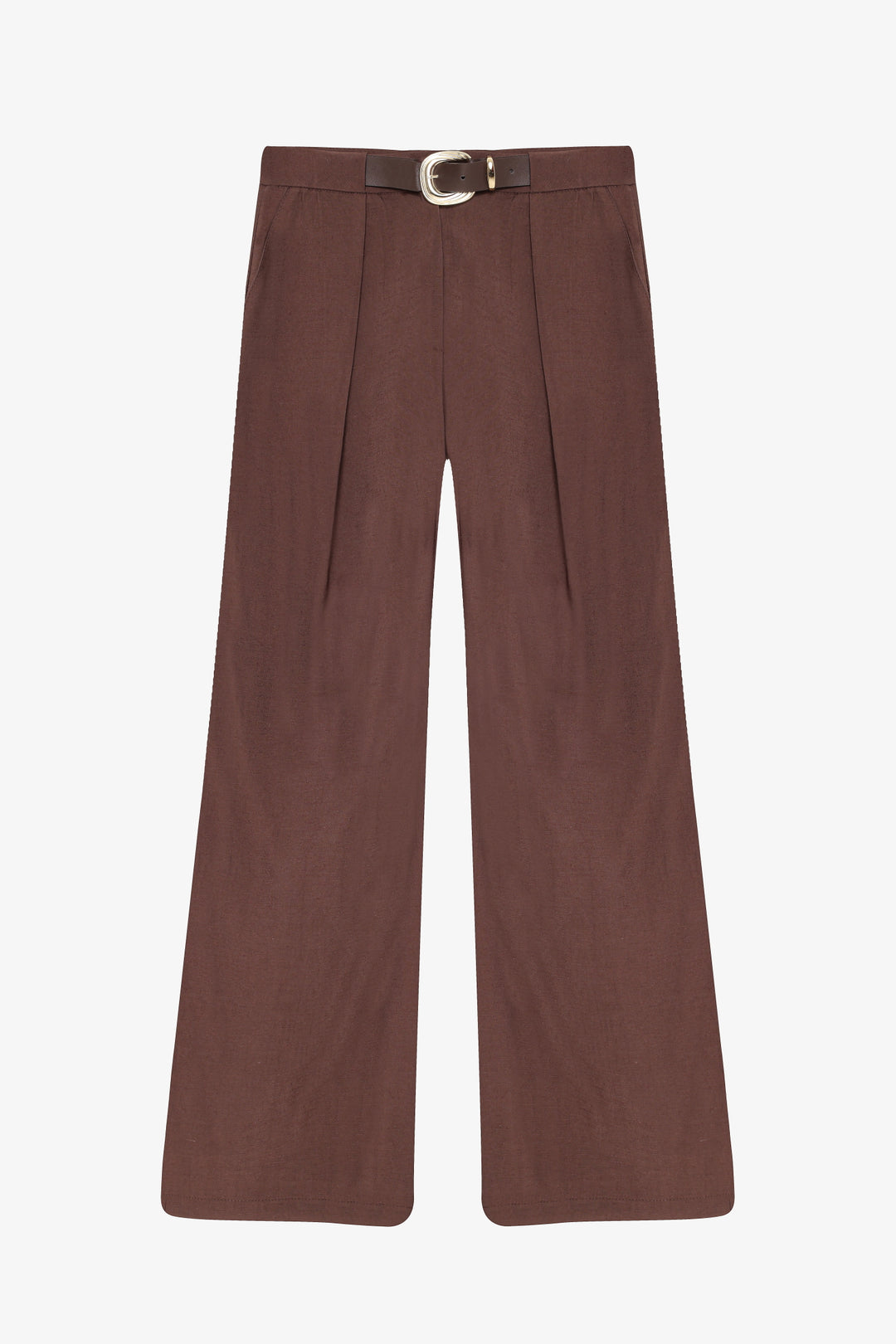 Çift Pile Kemerli Palazzo Pantolon Kahverengi