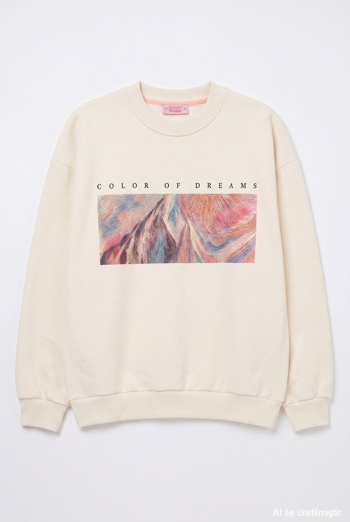 Grafik Baskılı Oversize Sweatshirt Bej