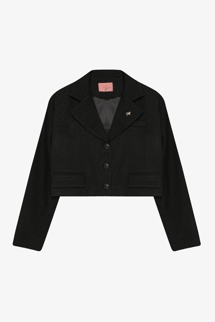 Broş Aksesuarlı Düğmeli Crop Blazer Ceket Siyah