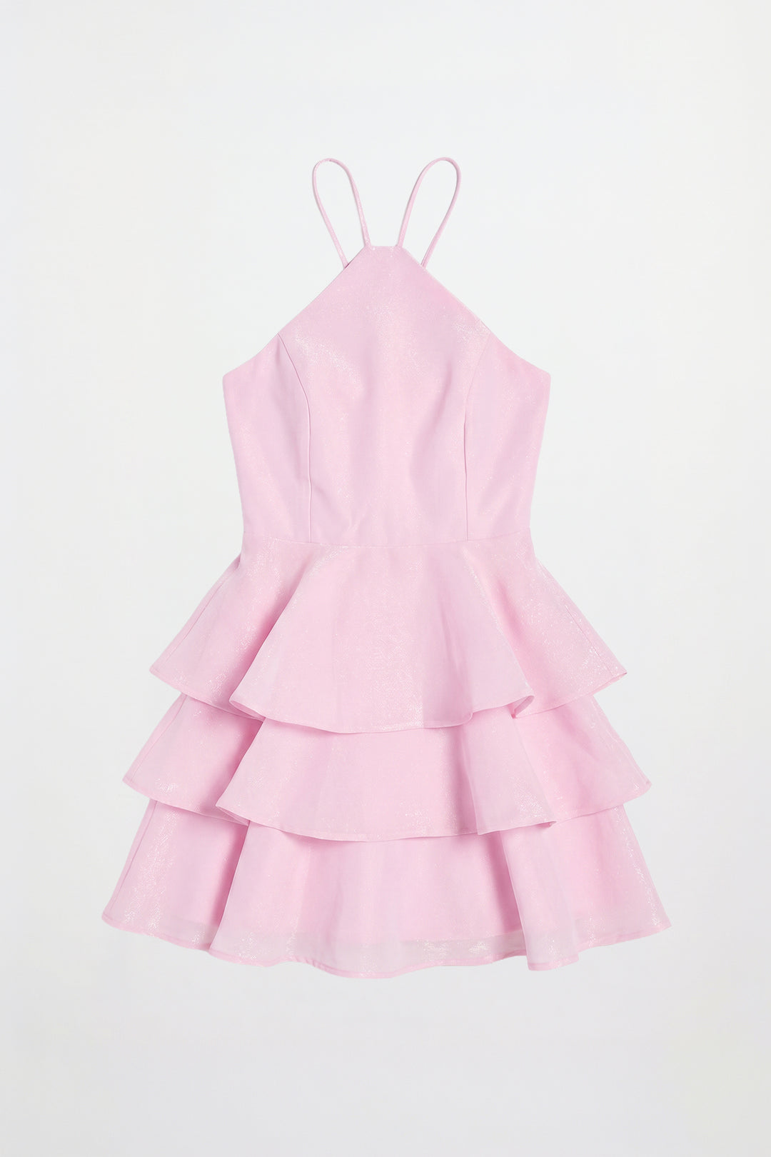 İnce Askılı Kat Kat Volanlı Mini Elbise Pembe