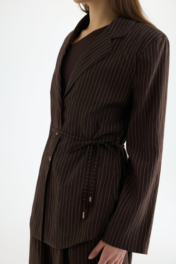 Çizgili Bağcıklı Gömlek Ceket Kahverengi