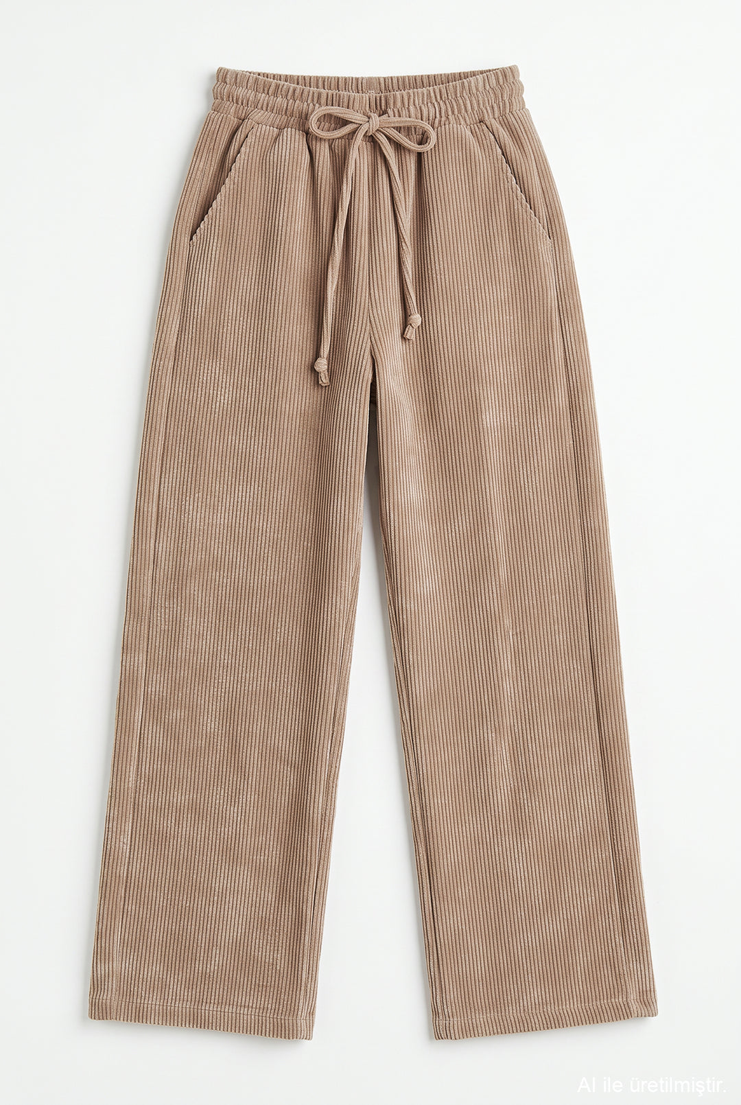 Beli Lastikli Kadife Bol Paça Pantolon Camel