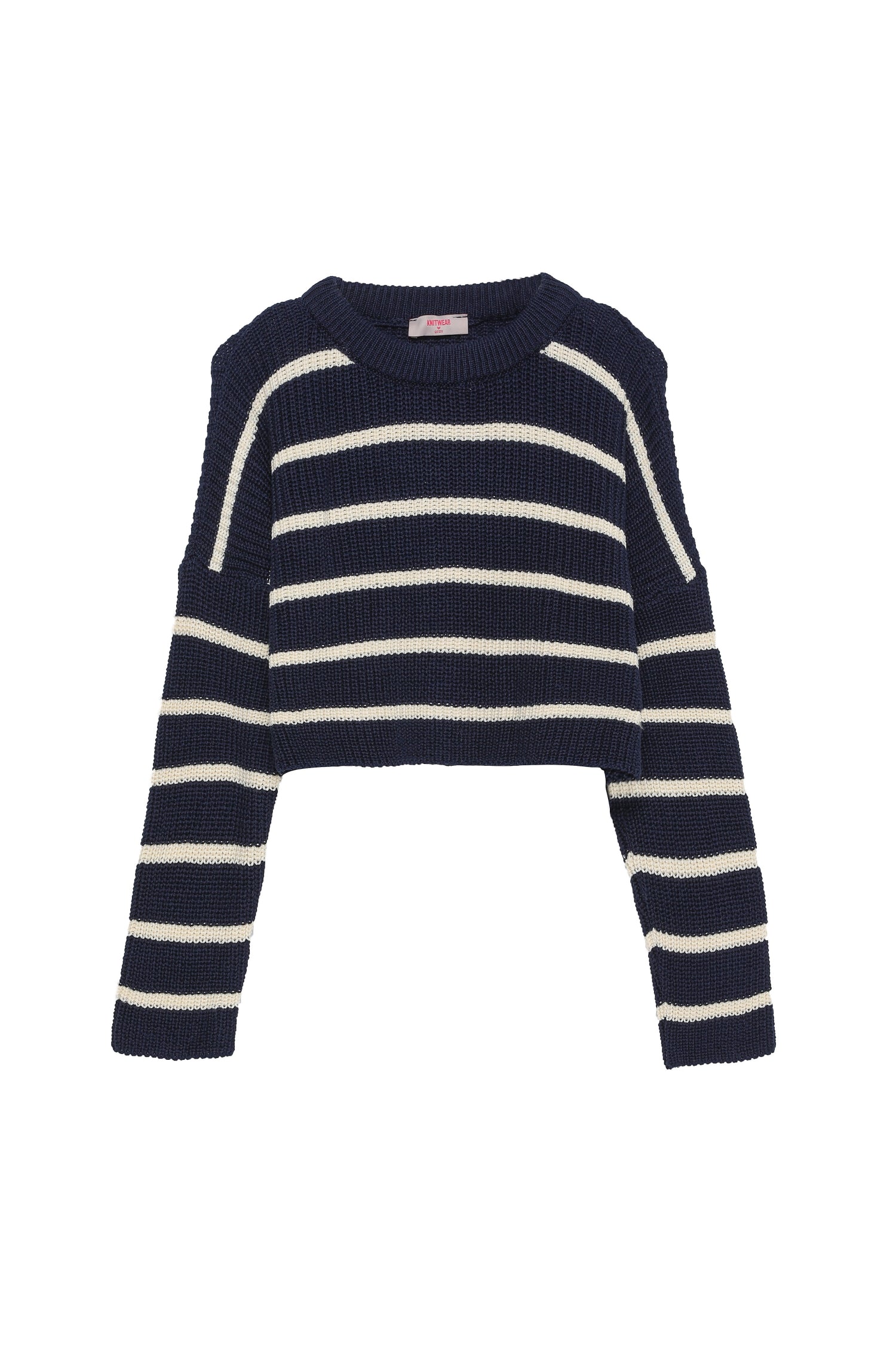 Stripe Detailed Crop Knitwear Sweater Navy Blue-Cream