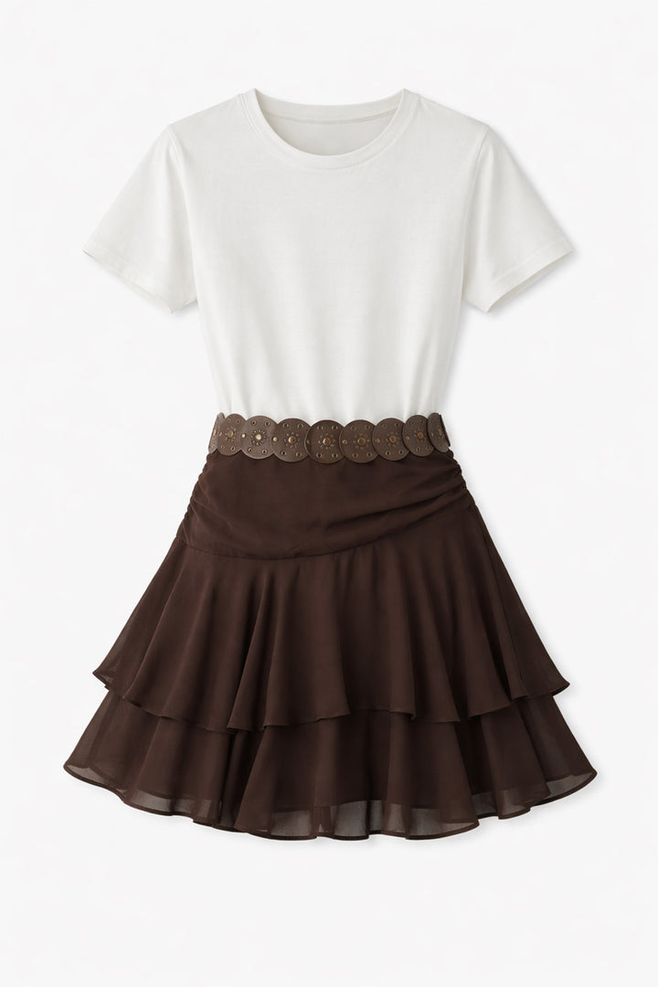 Kemerli Volanlı Kombine Mini Elbise Ekru