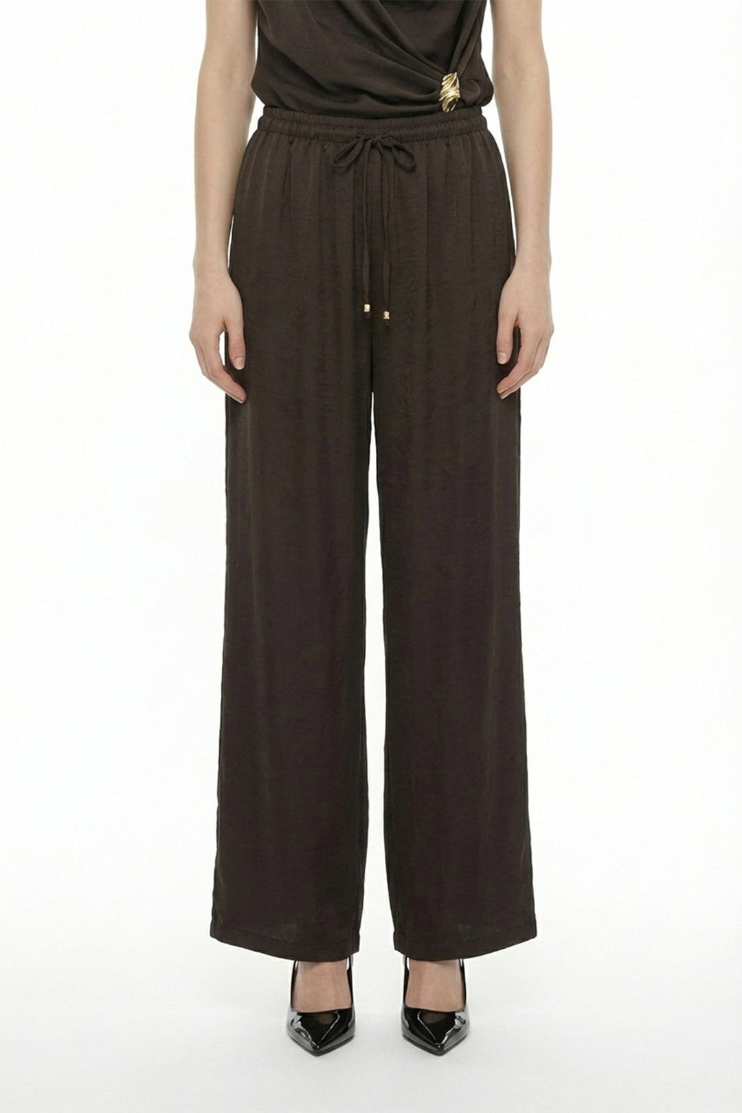 Beli Bağcıklı Bol Paça Saten Pantolon Kahverengi