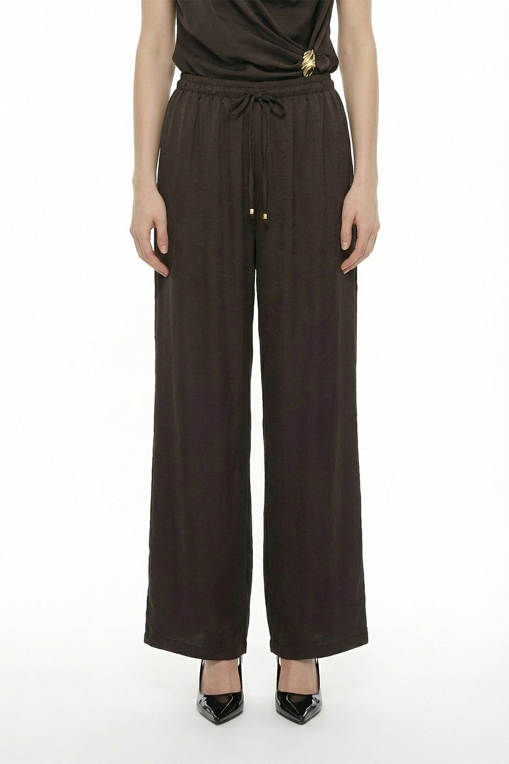 Beli Bağcıklı Bol Paça Saten Pantolon Kahverengi