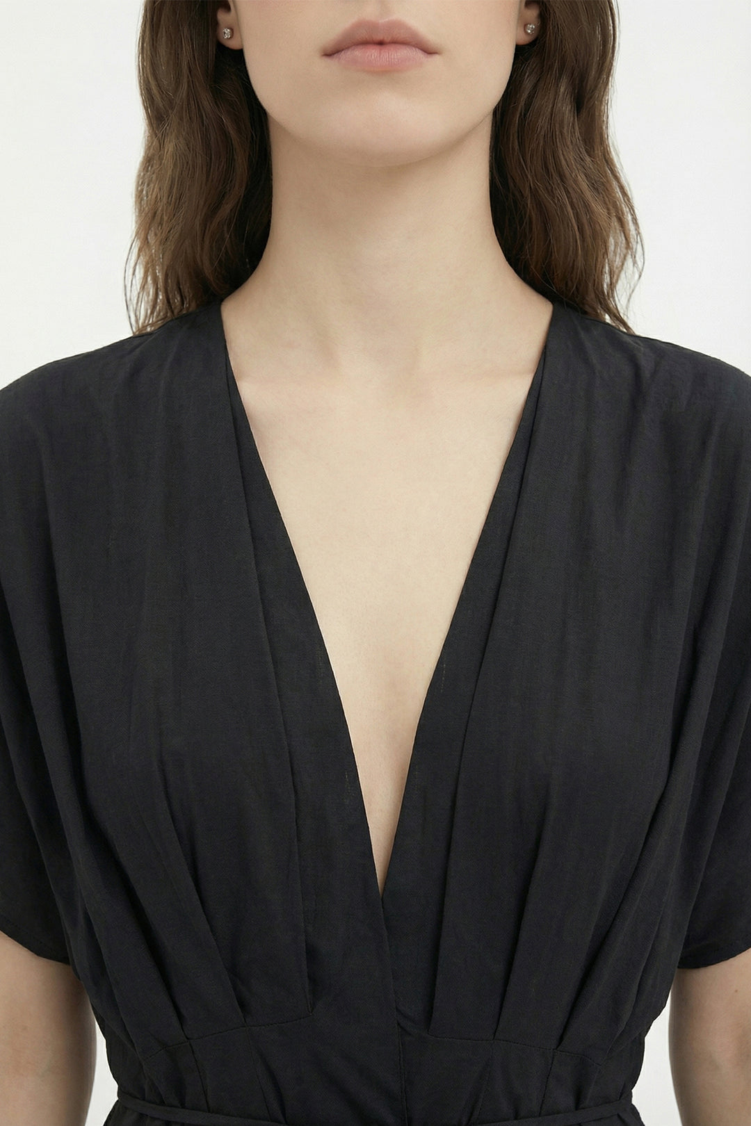 Beli Bağcıklı V Yaka Midi Elbise Siyah