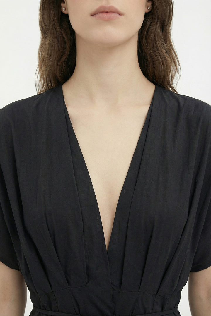 Beli Bağcıklı V Yaka Midi Elbise Siyah