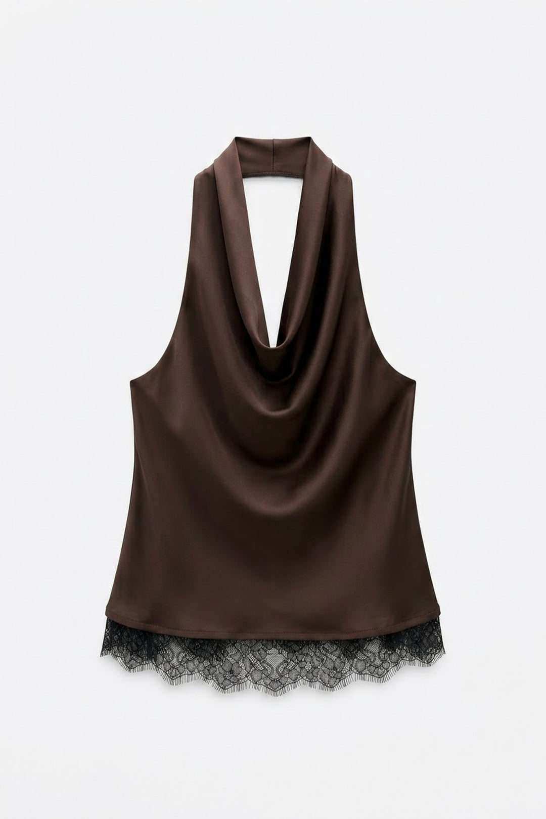 Degaje Yaka Dantel Detaylı Saten Bluz Kahverengi