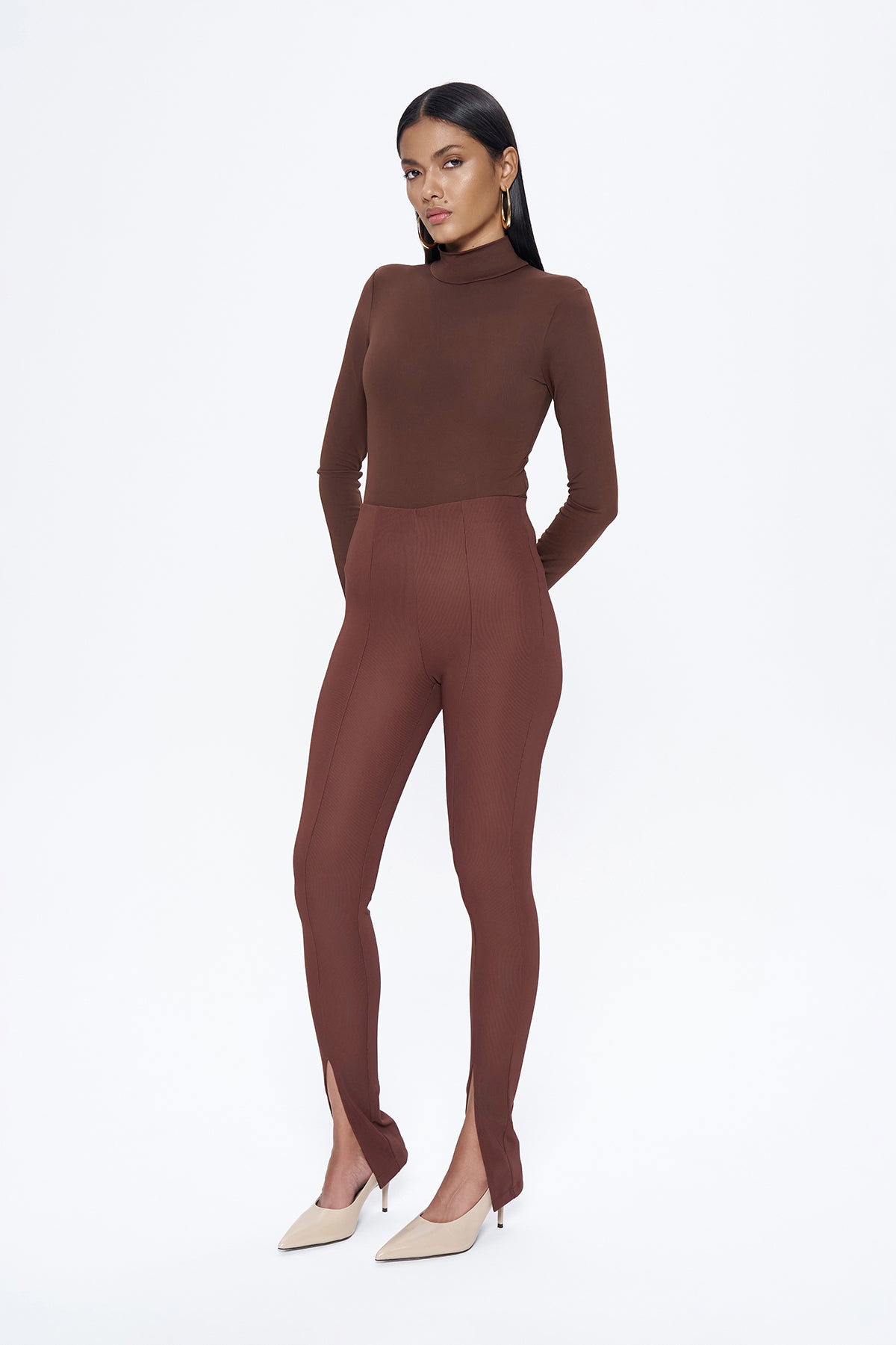 Elastic Waist Slit Trousers Brown