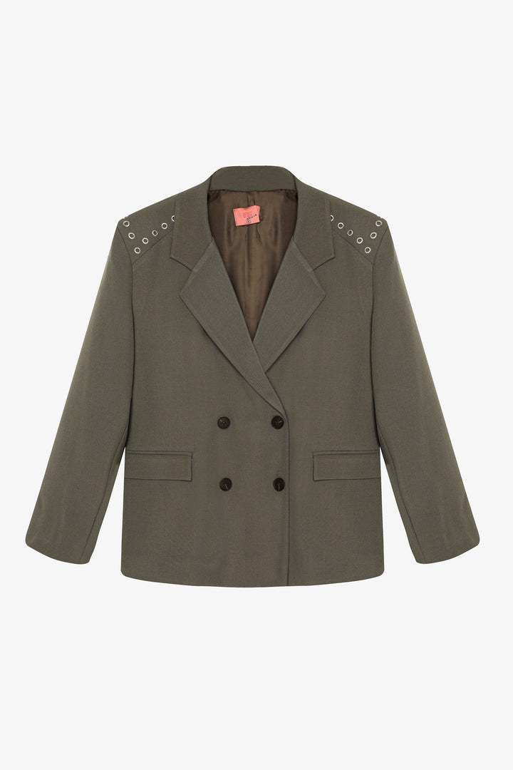 Kuş Gözü Detaylı Çift Düğmeli Oversize Blazer Ceket Haki