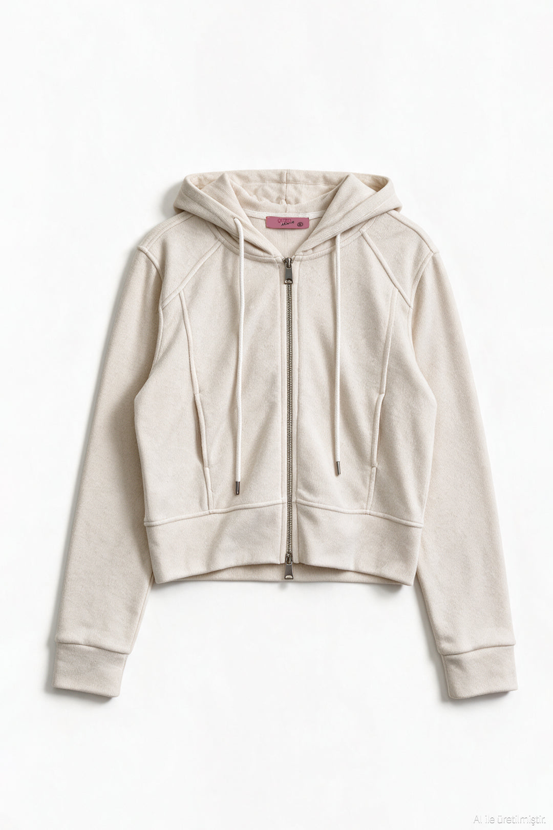 Kapüşonlu Fermuarlı Kısa Sweatshirt Ekru