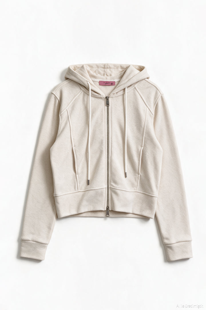 Kapüşonlu Fermuarlı Kısa Sweatshirt Ekru