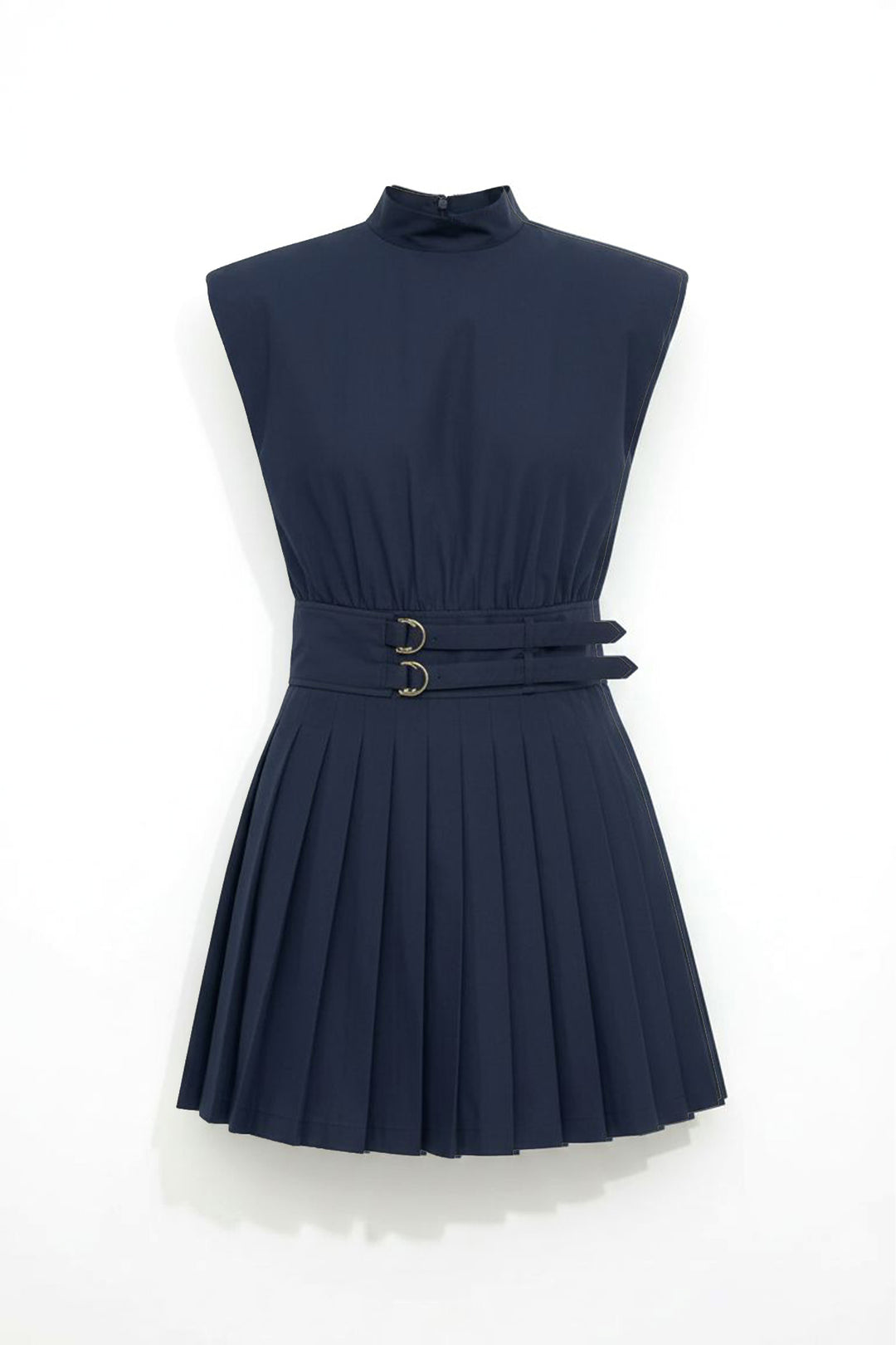 Vatkalı Dik Yaka Pileli Mini Elbise Lacivert