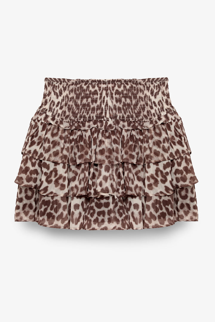 Fırfır Katlı Leopar Desenli Mini Etek Bej