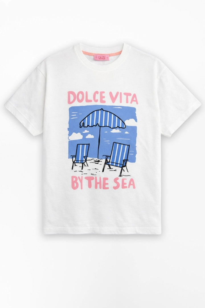 Plaj Baskılı Oversize Tişört Ekru