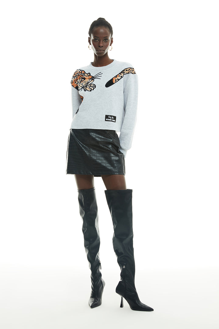Cutout Detailed Leopard Crop Sweatshirt Gray