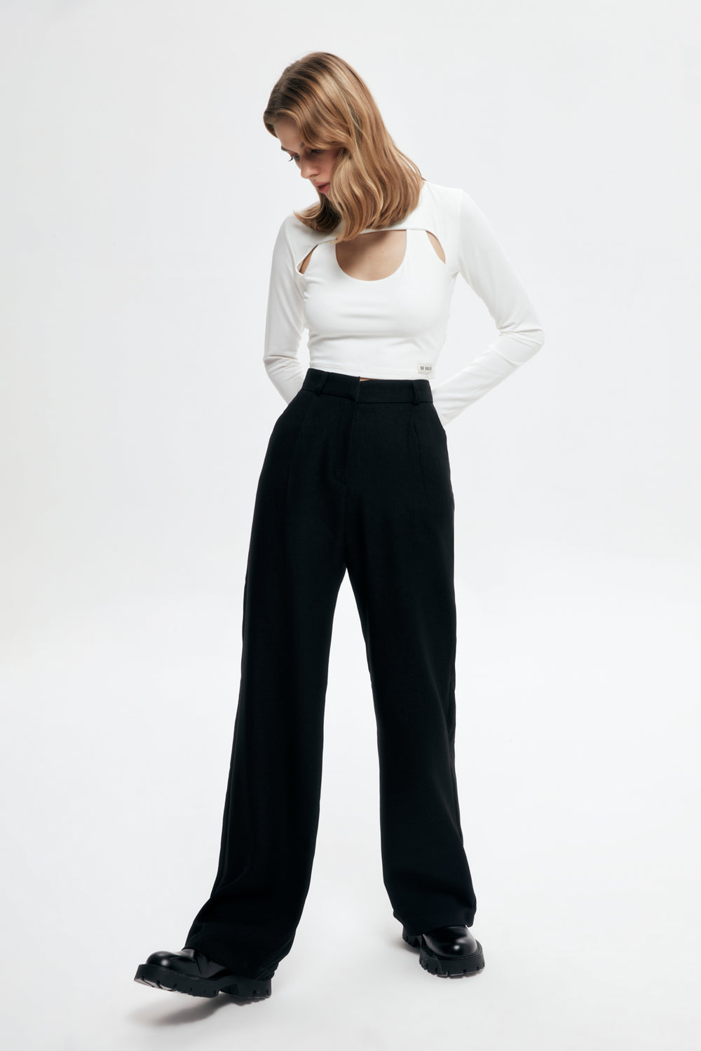 High Waist Wide Leg Fabric Trousers Black