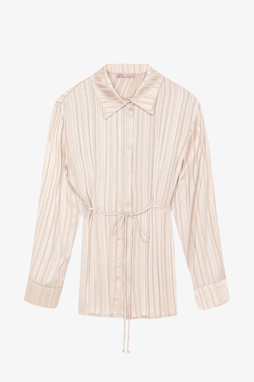 Parlak Dokulu Çizgili Belden Bağlamalı Gömlek Bej