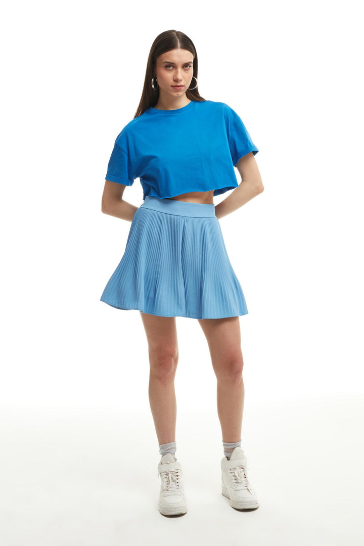 Pleated Mini Skirt With Shorts In Blue