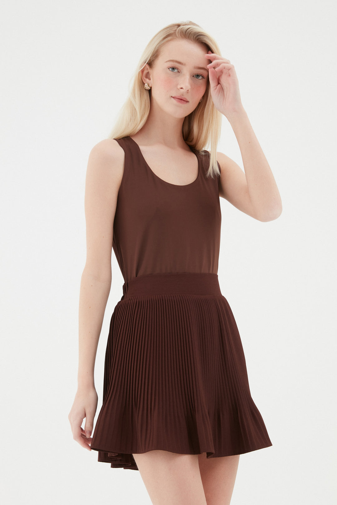 Pleated Short Mini Skirt Brown