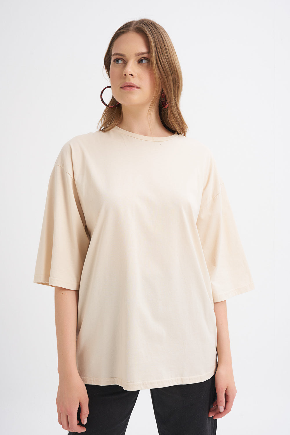 Trojan Sleeve Basic Oversize T-Shirt Light Beige