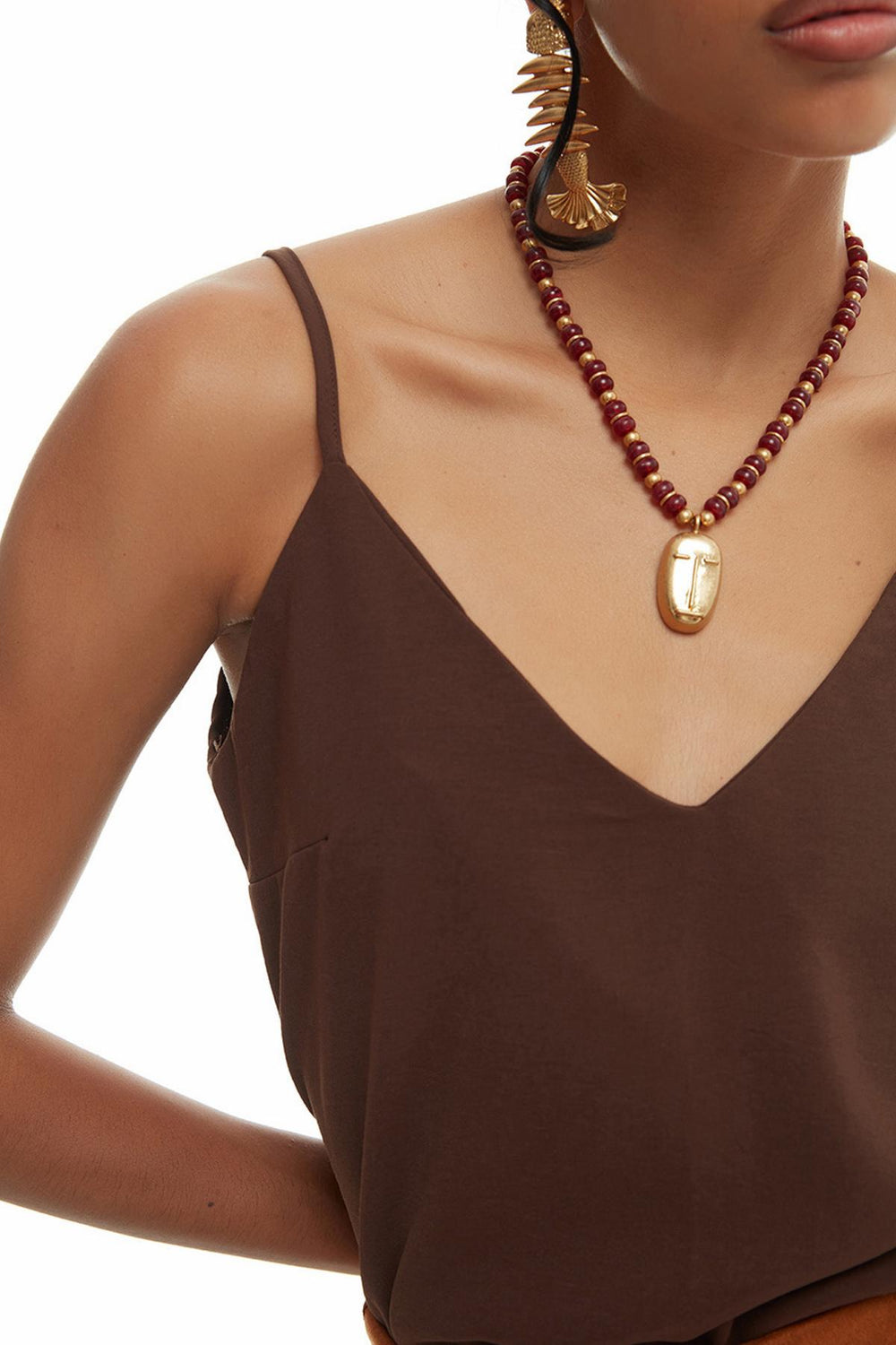 Askılı V Yaka Bluz Koyu Kahve