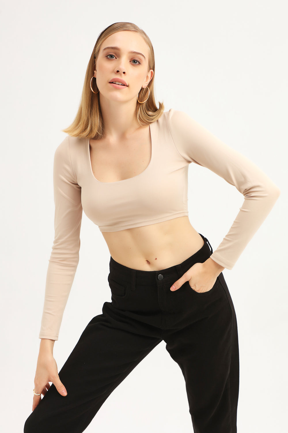 Square Neck Crop Blouse Beige