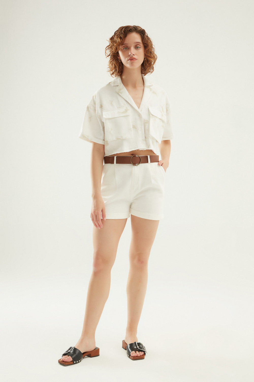 Belted Gabardine Double Leg Shorts White